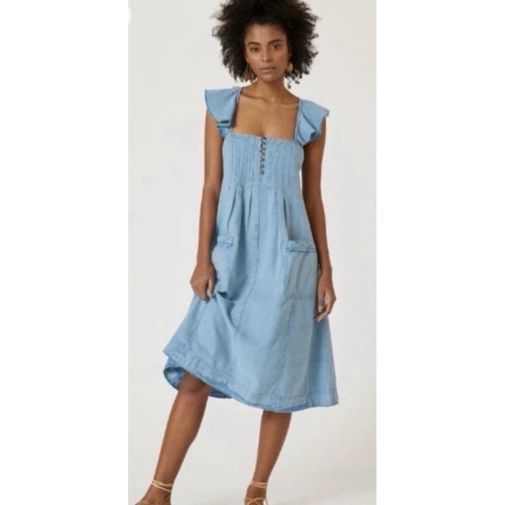 Anthropologie Pilcro Flutter Sleeve Linen Blend Midi Dress Denim Size XS Casual